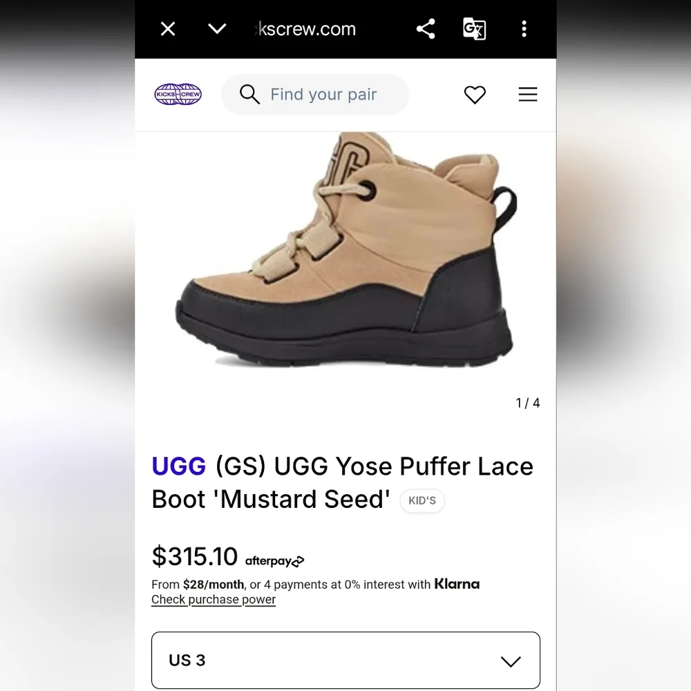 UGG Yose Lace Boots Beige Black Junior Suede-Trim Size 3